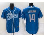 Detroit Lions #14 Amon Ra St Brown Blue With Patch Cool Base Stitched Baseball Jersey