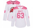 Women New Jersey Devils #63 Jesper Bratt Authentic White Pink Fashion Hockey Jersey