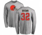 Cleveland Browns #32 Jim Brown Ash Name & Number Logo Long Sleeve T-Shirt