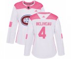 Women Montreal Canadiens #4 Jean Beliveau Authentic White Pink Fashion NHL Jersey