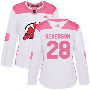 Women New Jersey Devils #28 Damon Severson Authentic White Pink Fashion NHL Jersey