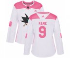 Women Adidas San Jose Sharks #9 Evander Kane Authentic White Pink Fashion NHL Jersey