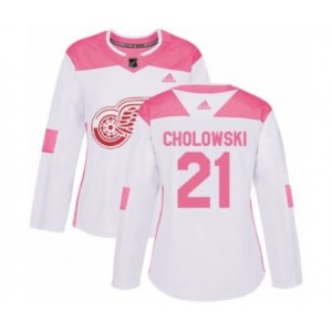 Women\'s Detroit Red Wings #21 Dennis Cholowski Authentic White Pink Fashion NHL Jersey