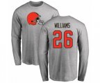 Cleveland Browns #26 Greedy Williams Ash Name & Number Logo Long Sleeve T-Shirt