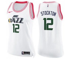 Women\'s Utah Jazz #12 John Stockton Swingman White Pink Fashion Basketball Jersey