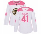 Women Adidas Boston Bruins #41 Jaroslav Halak Authentic White Pink Fashion NHL Jersey