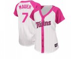 Women's Minnesota Twins #7 Joe Mauer Replica White Pink Splash Fashion Baseball Jersey