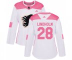 Women Calgary Flames #28 Elias Lindholm Authentic White Pink Fashion Hockey Jersey