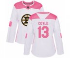 Women Boston Bruins #13 Charlie Coyle Authentic White Pink Fashion Hockey Jersey