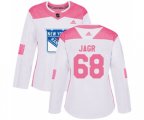 Women Adidas New York Rangers #68 Jaromir Jagr Authentic White Pink Fashion NHL Jersey