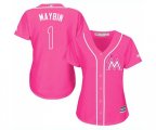 Women's Miami Marlins #1 Cameron Maybin Authentic Pink Fashion Cool Base Baseball Jersey