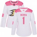 Women's Adidas Anaheim Ducks #1 Reto Berra Authentic White Pink Fashion NHL Jersey