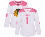 Women's Chicago Blackhawks #1 Glenn Hall Authentic White Pink Fashion NHL Jersey