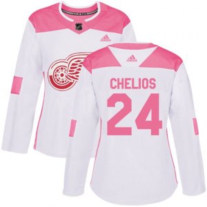 Women\'s Detroit Red Wings #24 Chris Chelios Authentic White Pink Fashion NHL Jersey
