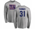 New York Giants #31 Michael Thomas Ash Name & Number Logo Long Sleeve T-Shirt