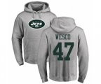 New York Jets #47 Trevon Wesco Ash Name & Number Logo Pullover Hoodie
