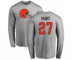Cleveland Browns #27 Kareem Hunt Ash Name & Number Logo Long Sleeve T-Shirt