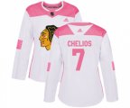 Women's Chicago Blackhawks #7 Chris Chelios Authentic White Pink Fashion NHL Jersey