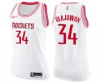 Women's Houston Rockets #34 Hakeem Olajuwon Swingman White Pink Fashion Basketball Jersey