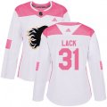 Women Calgary Flames #31 Eddie Lack Authentic White Pink Fashion NHL Jersey