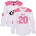 Women Carolina Hurricanes #20 Sebastian Aho Authentic White Pink Fashion NHL Jersey