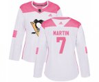 Women Adidas Pittsburgh Penguins #7 Paul Martin Authentic White Pink Fashion NHL Jersey