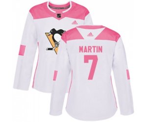 Women Adidas Pittsburgh Penguins #7 Paul Martin Authentic White Pink Fashion NHL Jersey