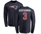 New England Patriots #3 Stephen Gostkowski Navy Blue Name & Number Logo Long Sleeve T-Shirt