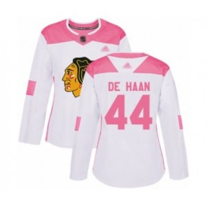 Women\'s Chicago Blackhawks #44 Calvin De Haan Authentic White Pink Fashion Hockey Jersey