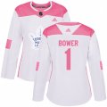 Women Toronto Maple Leafs #1 Johnny Bower Authentic White Pink Fashion NHL Jersey