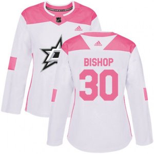 Women\'s Dallas Stars #30 Ben Bishop Authentic White Pink Fashion NHL Jersey