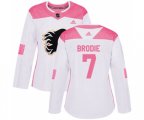 Women Calgary Flames #7 TJ Brodie Authentic White Pink Fashion Hockey Jersey