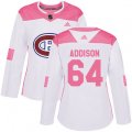 Women Montreal Canadiens #64 Jeremiah Addison Authentic White Pink Fashion NHL Jersey