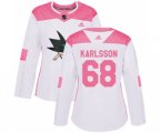Women Adidas San Jose Sharks #68 Melker Karlsson Authentic White Pink Fashion NHL Jersey