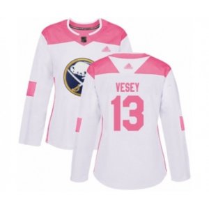 Women Buffalo Sabres #13 Jimmy Vesey Authentic White Pink Fashion Hockey Jersey