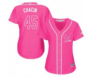 Women\'s Milwaukee Brewers #45 Jhoulys Chacin Authentic Pink Fashion Cool Base Baseball Jersey