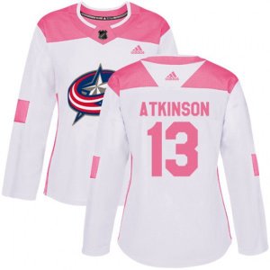 Women\'s Columbus Blue Jackets #13 Cam Atkinson Authentic White Pink Fashion NHL Jersey
