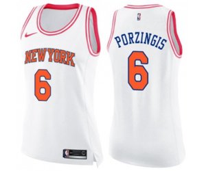 Women\'s New York Knicks #6 Kristaps Porzingis Swingman White Pink Fashion Basketball Jersey