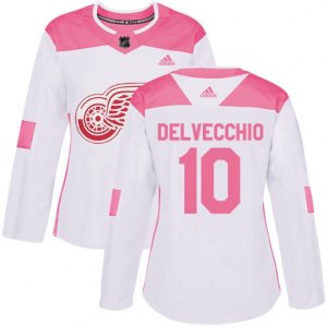 Women\'s Detroit Red Wings #10 Alex Delvecchio Authentic White Pink Fashion NHL Jersey