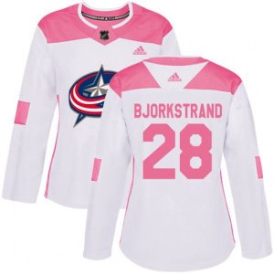Women\'s Columbus Blue Jackets #28 Oliver Bjorkstrand Authentic White Pink Fashion NHL Jersey