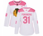 Women's Chicago Blackhawks #31 Anton Forsberg Authentic White Pink Fashion NHL Jersey