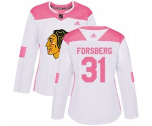 Women\'s Chicago Blackhawks #31 Anton Forsberg Authentic White Pink Fashion NHL Jersey