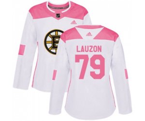Women Boston Bruins #79 Jeremy Lauzon Authentic White Pink Fashion Hockey Jersey