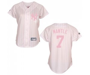 Women\'s New York Yankees #7 Mickey Mantle Replica White Pink Strip Baseball Jersey