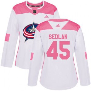 Women\'s Columbus Blue Jackets #45 Lukas Sedlak Authentic White Pink Fashion NHL Jersey