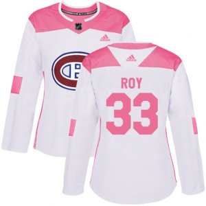 Women Montreal Canadiens #33 Patrick Roy Authentic White Pink Fashion NHL Jersey