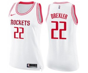 Women\'s Houston Rockets #22 Clyde Drexler Swingman White Pink Fashion Basketball Jersey
