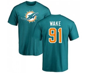 Miami Dolphins #91 Cameron Wake Aqua Green Name & Number Logo T-Shirt