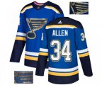 Adidas St. Louis Blues #34 Jake Allen Authentic Royal Blue Fashion Gold NHL Jersey