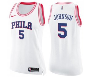 Women\'s Philadelphia 76ers #5 Amir Johnson Swingman White Pink Fashion Basketball Jersey